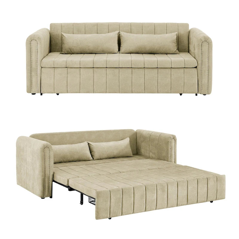 Velvet Pull-Out Sleeper Sofa Bed with Nailhead Trim Black Beige Grey