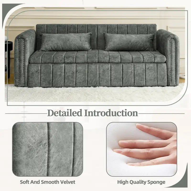 Velvet Pull-Out Sleeper Sofa Bed with Nailhead Trim Black Beige Grey