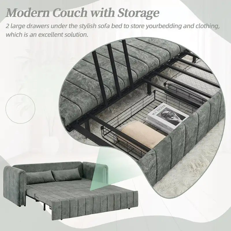 Velvet Pull-Out Sleeper Sofa Bed with Nailhead Trim Black Beige Grey