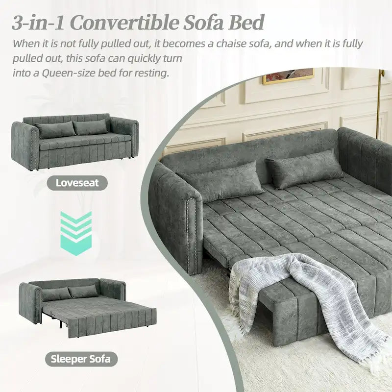 Velvet Pull-Out Sleeper Sofa Bed with Nailhead Trim Black Beige Grey