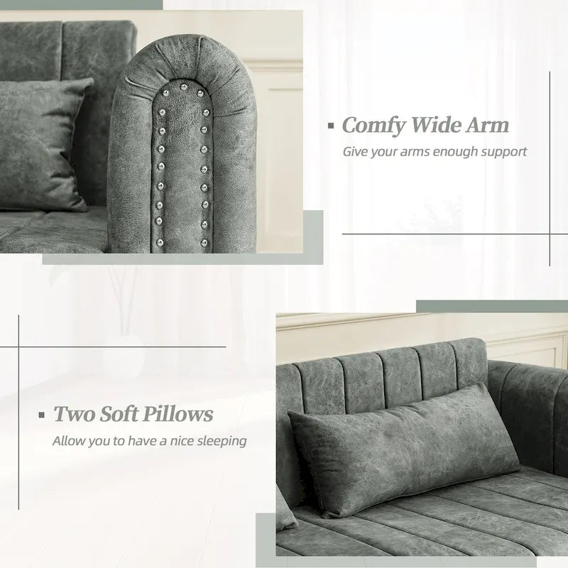 Velvet Pull-Out Sleeper Sofa Bed with Nailhead Trim Black Beige Grey