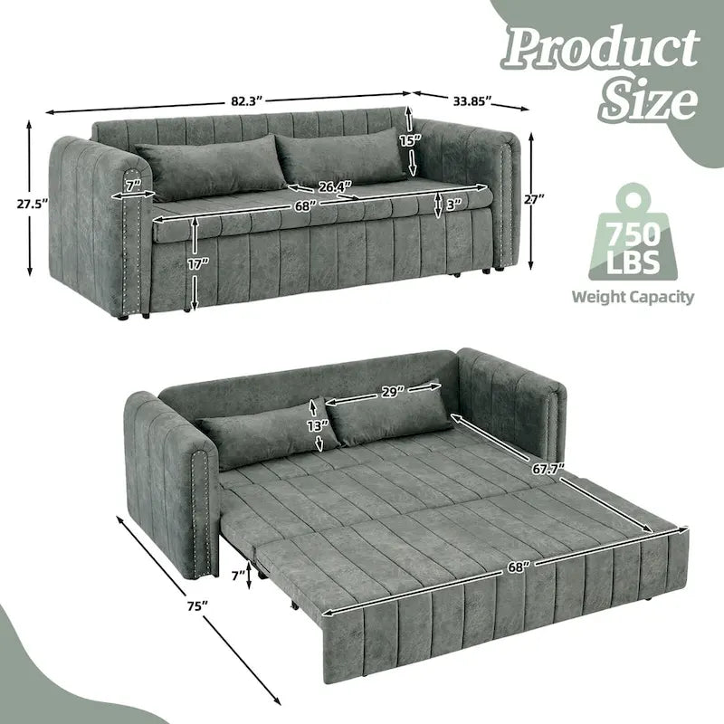 Velvet Pull-Out Sleeper Sofa Bed with Nailhead Trim Black Beige Grey