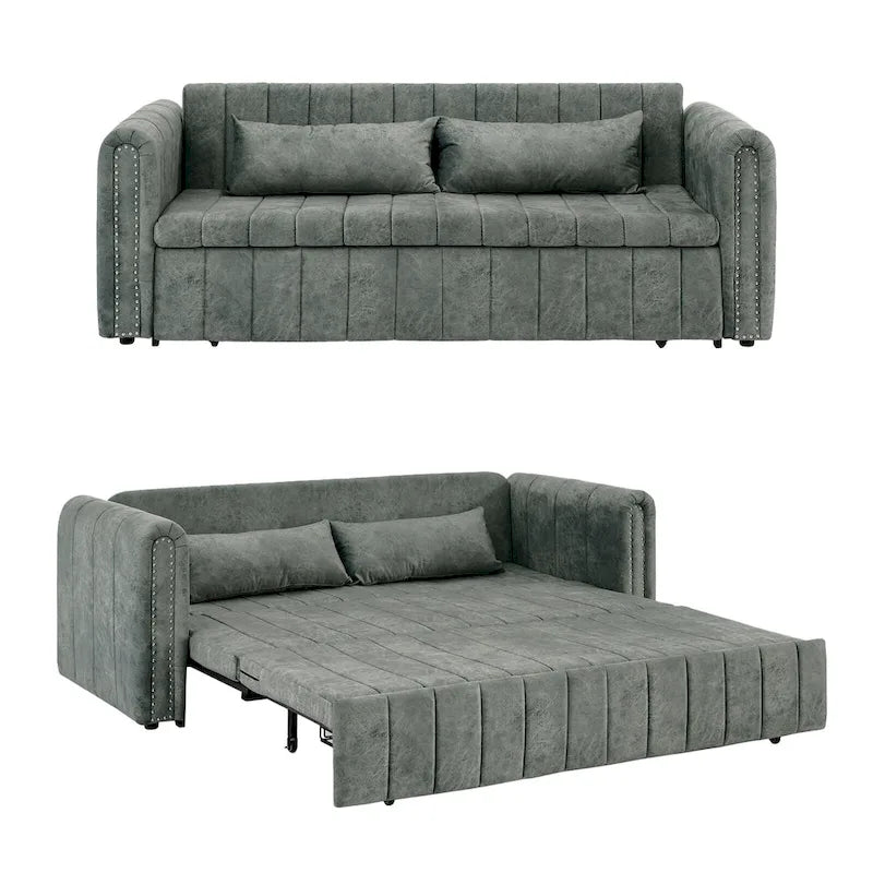 Velvet Pull-Out Sleeper Sofa Bed with Nailhead Trim Black Beige Grey