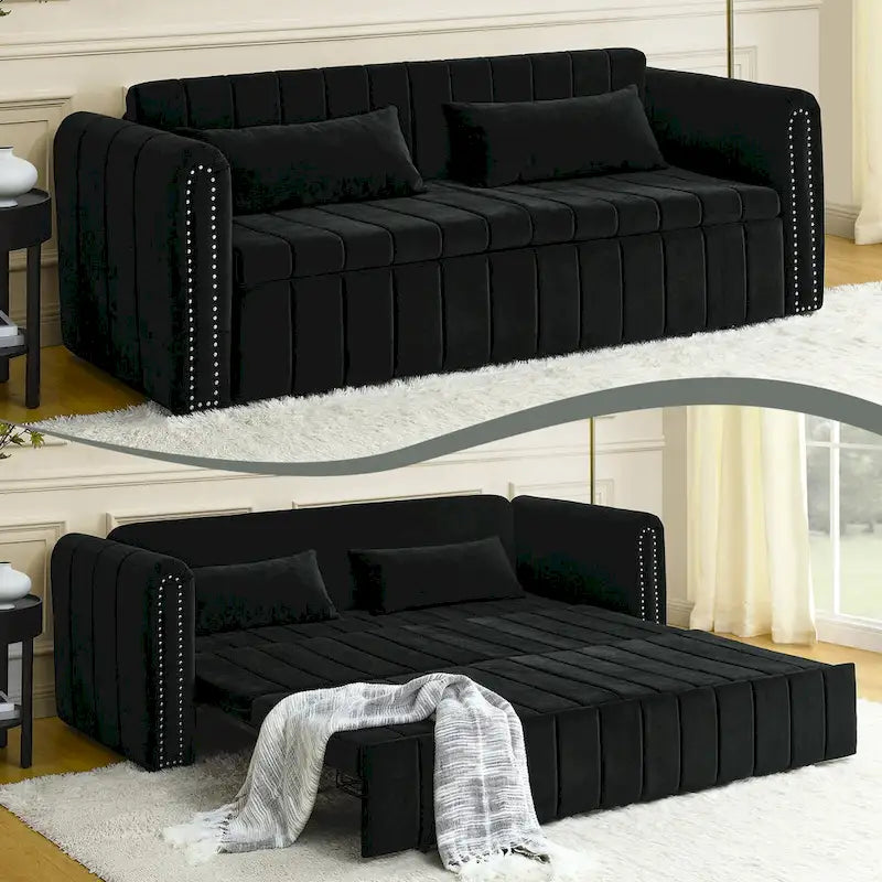 Velvet Pull-Out Sleeper Sofa Bed with Nailhead Trim Black Beige Grey