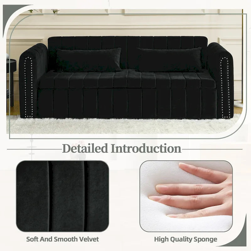 Velvet Pull-Out Sleeper Sofa Bed with Nailhead Trim Black Beige Grey