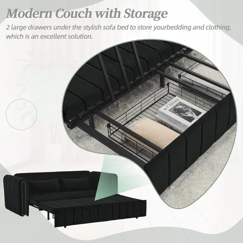 Velvet Pull-Out Sleeper Sofa Bed with Nailhead Trim Black Beige Grey