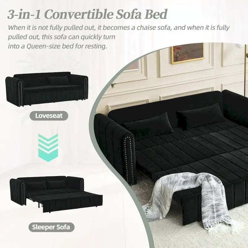 Velvet Pull-Out Sleeper Sofa Bed with Nailhead Trim Black Beige Grey