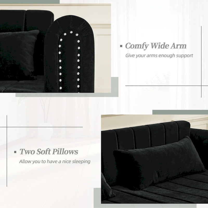 Velvet Pull-Out Sleeper Sofa Bed with Nailhead Trim Black Beige Grey