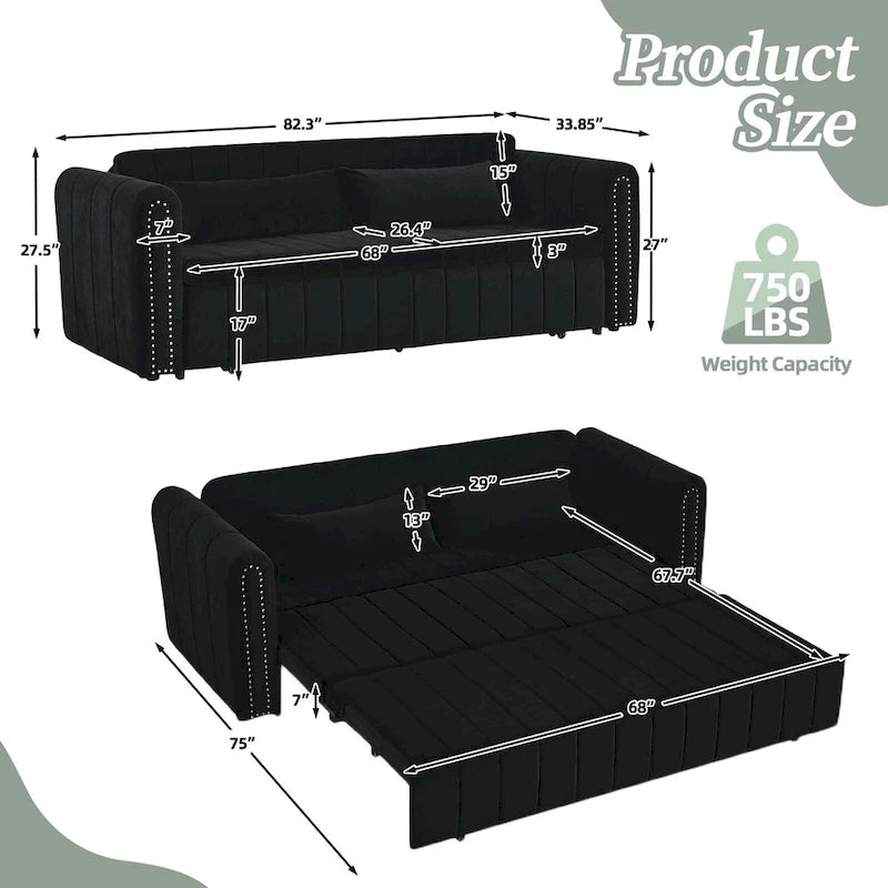 Velvet Pull-Out Sleeper Sofa Bed with Nailhead Trim Black Beige Grey
