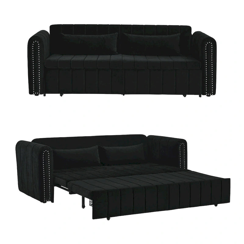 Velvet Pull-Out Sleeper Sofa Bed with Nailhead Trim Black Beige Grey