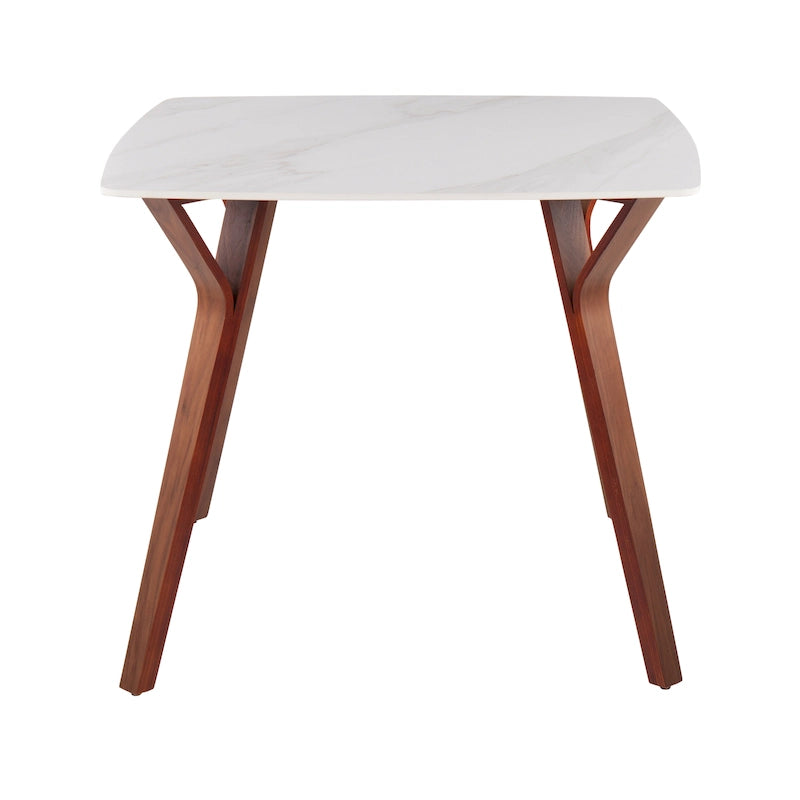 Square Marble Top Dining Table with Splayed Walnut Wood Legs