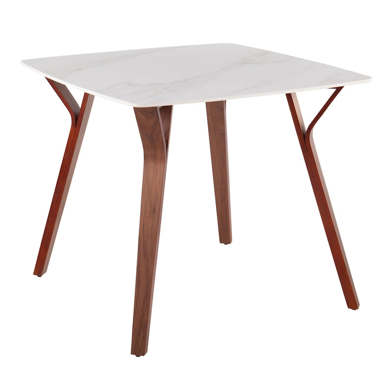 Square Marble Top Dining Table with Splayed Walnut Wood Legs
