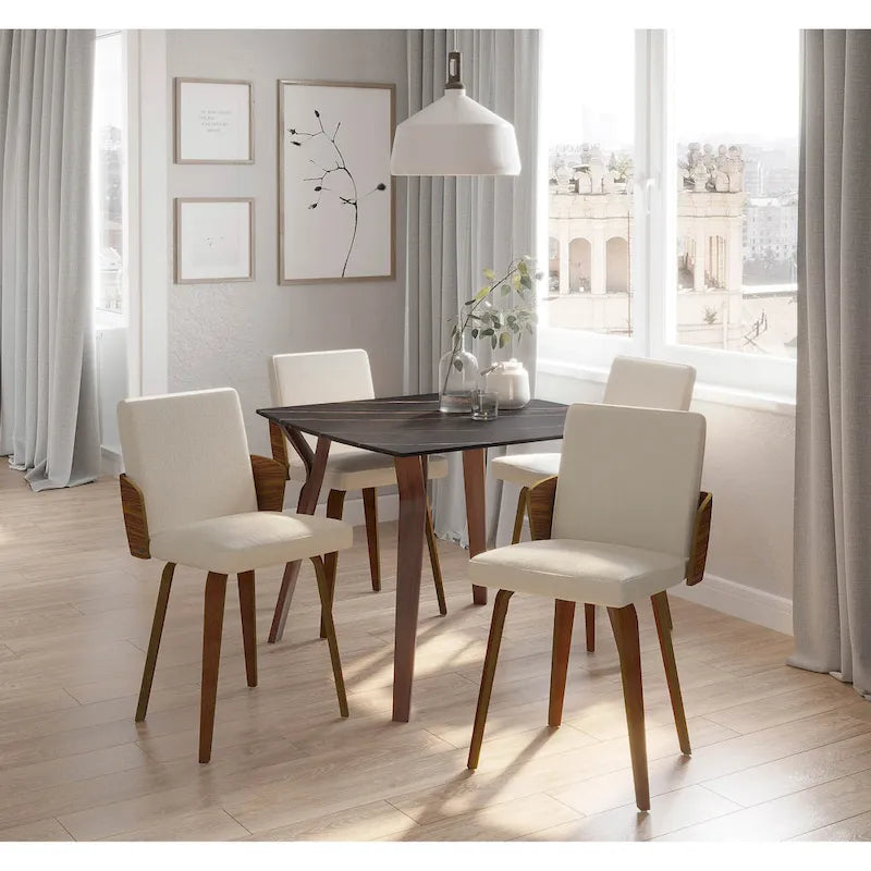 Square Marble Top Dining Table with Splayed Walnut Wood Legs