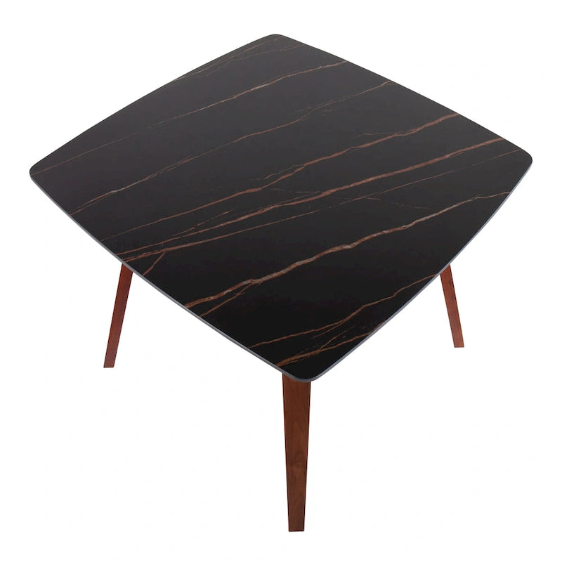 Square Marble Top Dining Table with Splayed Walnut Wood Legs