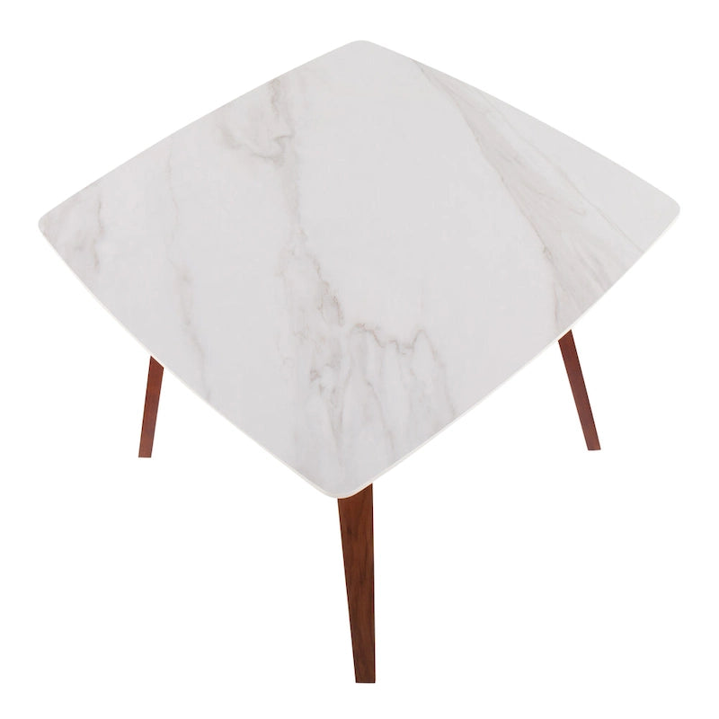 Square Marble Top Dining Table with Splayed Walnut Wood Legs