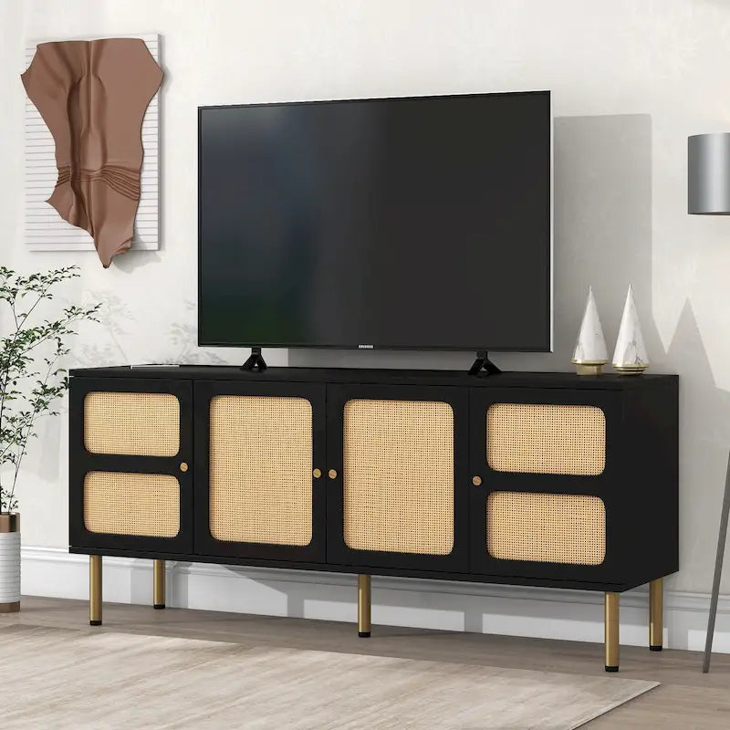 Rattan Door TV Stand Media Console with Gold Metal Legs Black White