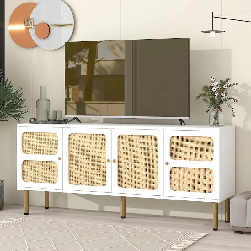 Rattan Door TV Stand Media Console with Gold Metal Legs Black White