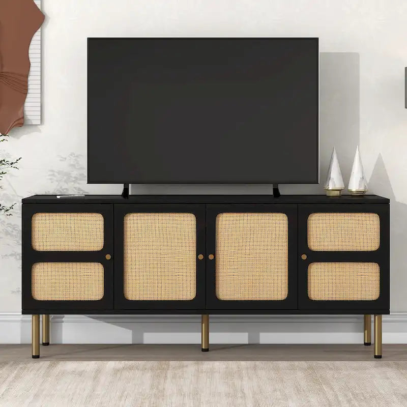 Rattan Door TV Stand Media Console with Gold Metal Legs Black White