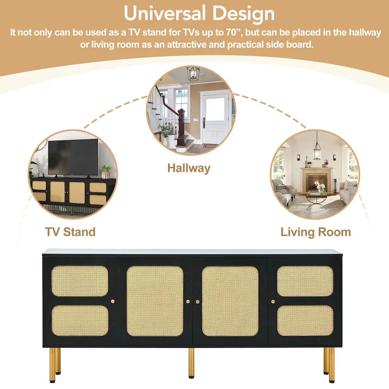 Rattan Door TV Stand Media Console with Gold Metal Legs Black White