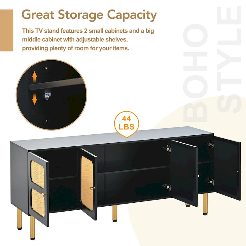 Rattan Door TV Stand Media Console with Gold Metal Legs Black White