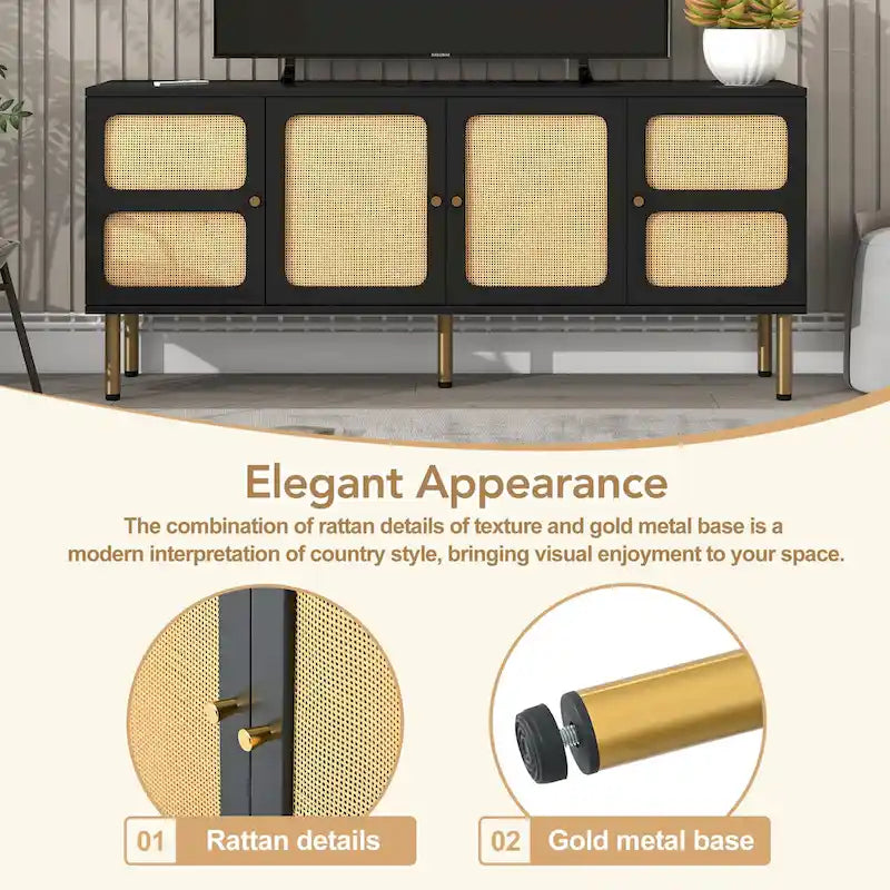 Rattan Door TV Stand Media Console with Gold Metal Legs Black White