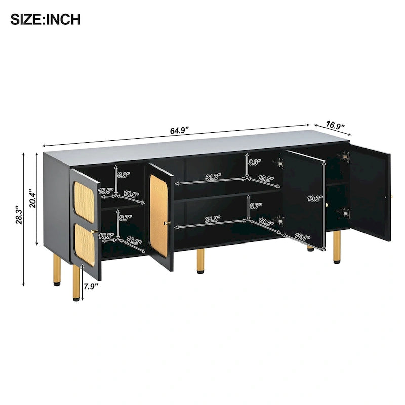 Rattan Door TV Stand Media Console with Gold Metal Legs Black White