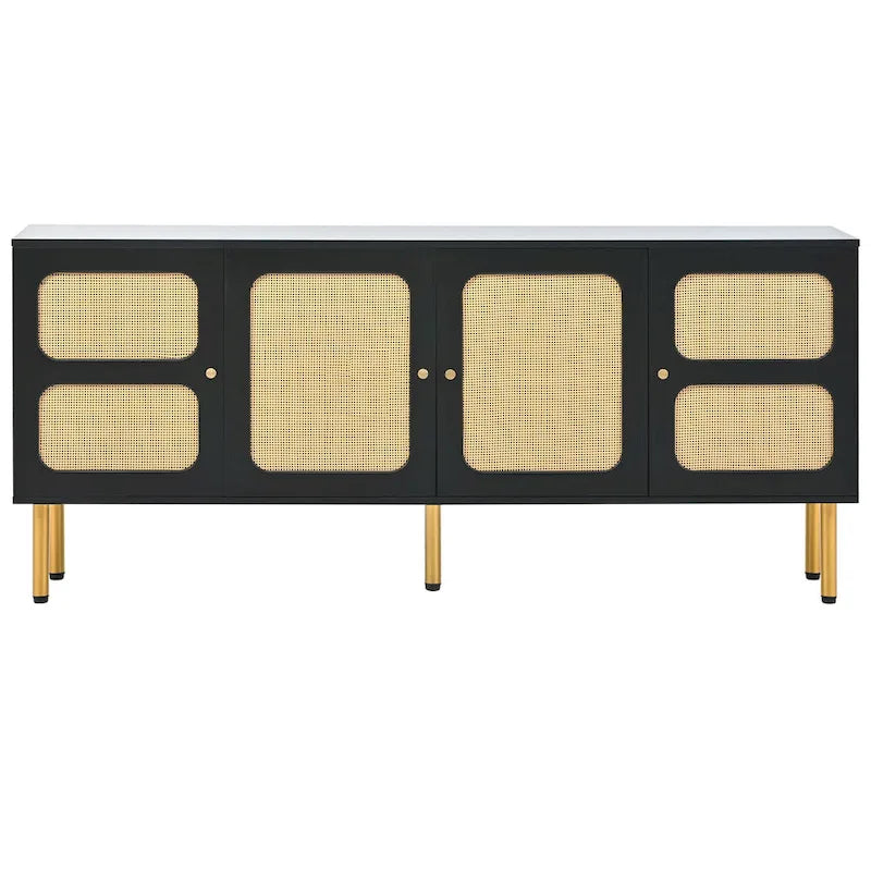 Rattan Door TV Stand Media Console with Gold Metal Legs Black White