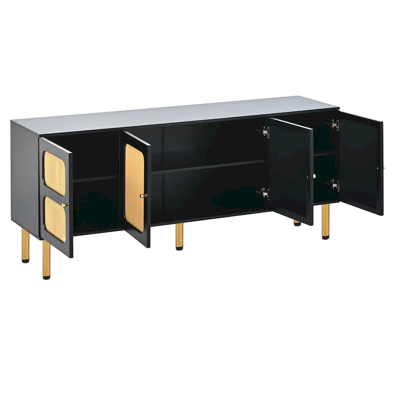 Rattan Door TV Stand Media Console with Gold Metal Legs Black White