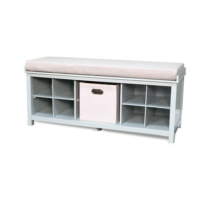 Grey Solid Wood Entryway Storage Bench with Cushion and Shoe Cubbies