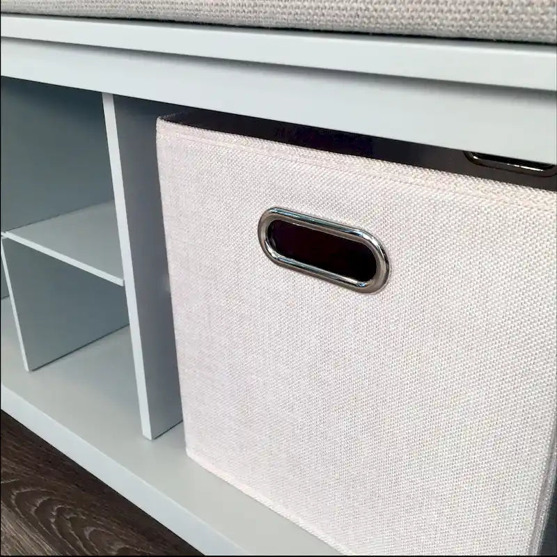 Grey Solid Wood Entryway Storage Bench with Cushion and Shoe Cubbies
