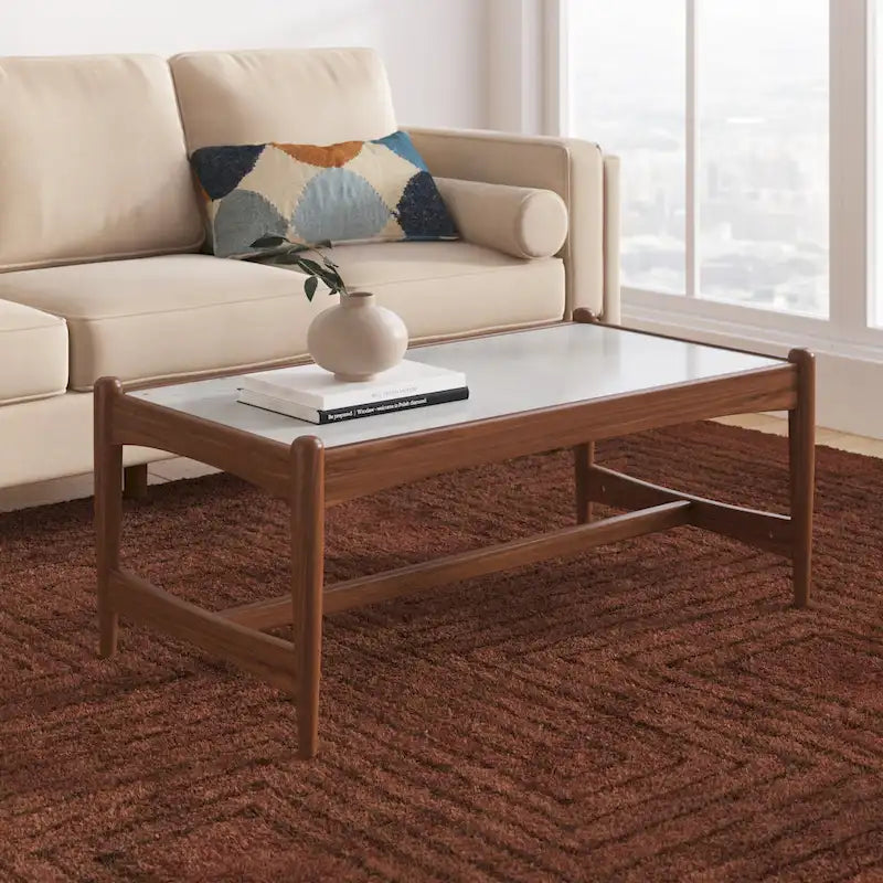 Solid Walnut Wood Genuine Marble Top Rectangle Coffee Table White Black