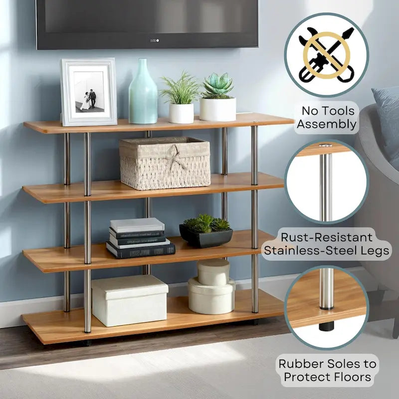 4-Tier Open Shelf Highboy TV Stand with Steel Legs, Multiple Colors