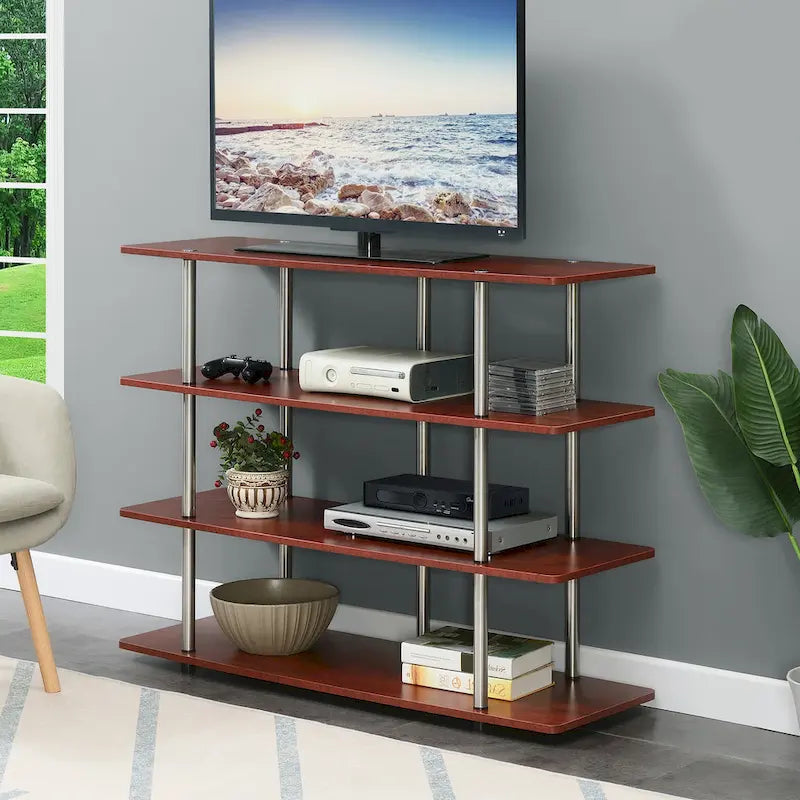 4-Tier Open Shelf Highboy TV Stand with Steel Legs, Multiple Colors