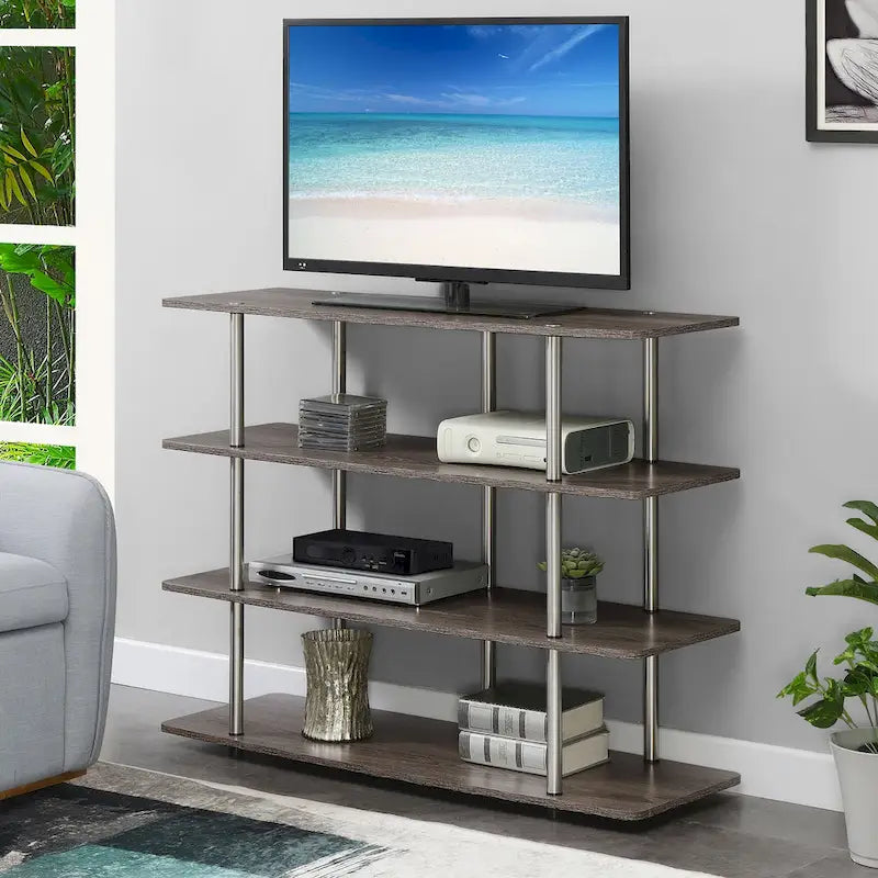 4-Tier Open Shelf Highboy TV Stand with Steel Legs, Multiple Colors