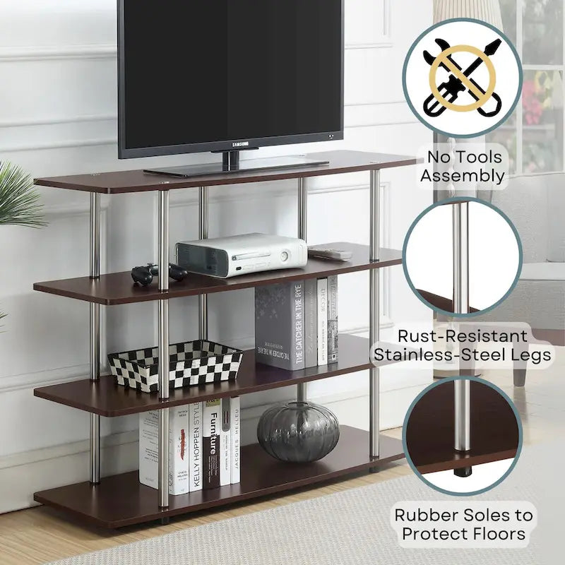 4-Tier Open Shelf Highboy TV Stand with Steel Legs, Multiple Colors