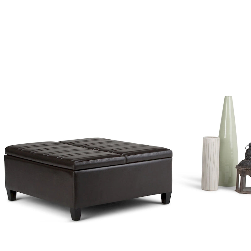 Square Storage Ottoman Coffee Table Faux Leather Lift Top Tufted