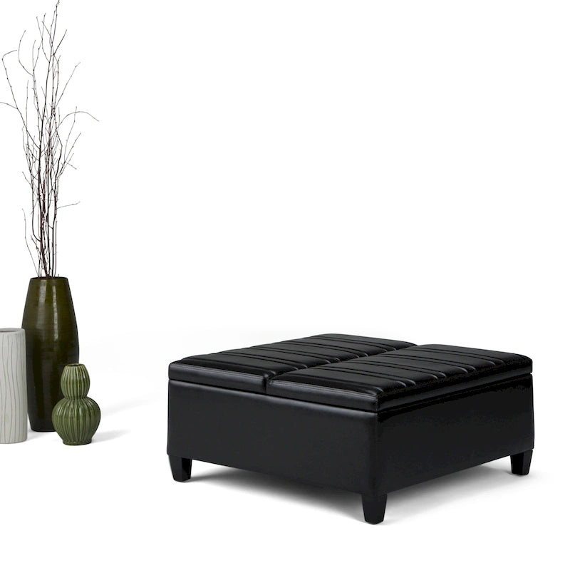 Square Storage Ottoman Coffee Table Faux Leather Lift Top Tufted