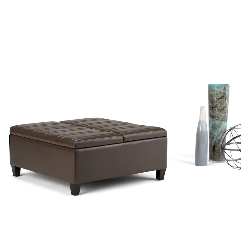 Square Storage Ottoman Coffee Table Faux Leather Lift Top Tufted