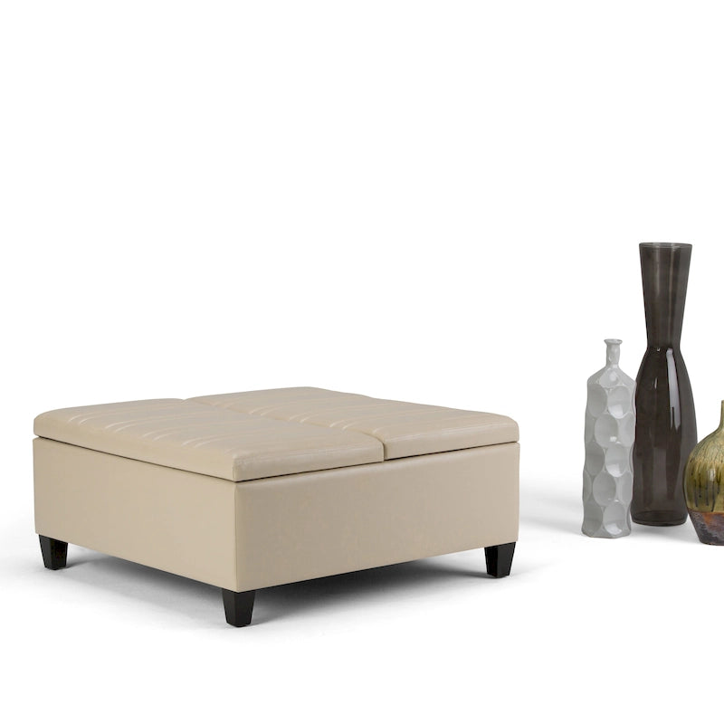 Square Storage Ottoman Coffee Table Faux Leather Lift Top Tufted