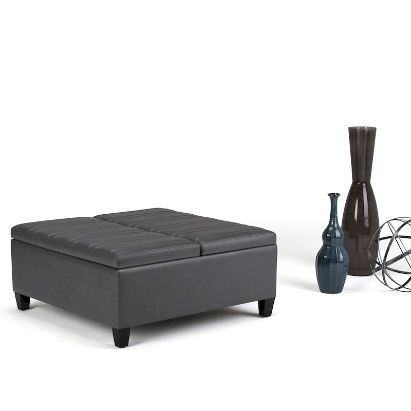 Square Storage Ottoman Coffee Table Faux Leather Lift Top Tufted