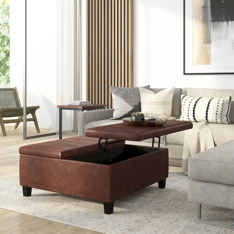 Square Storage Ottoman Coffee Table Faux Leather Lift Top Tufted