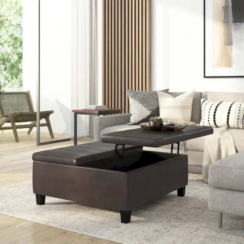 Square Storage Ottoman Coffee Table Faux Leather Lift Top Tufted