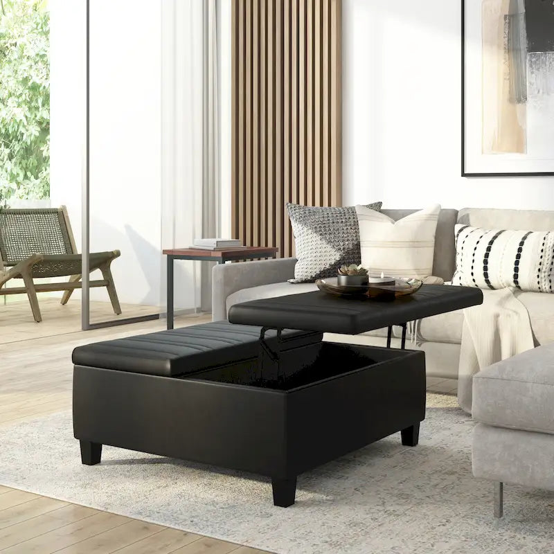 Square Storage Ottoman Coffee Table Faux Leather Lift Top Tufted