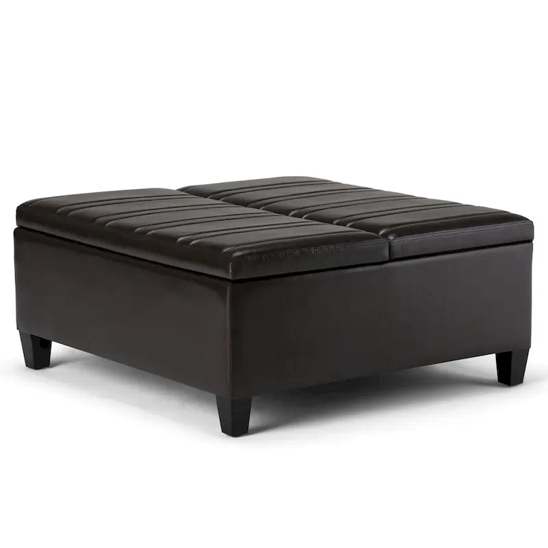 Square Storage Ottoman Coffee Table Faux Leather Lift Top Tufted