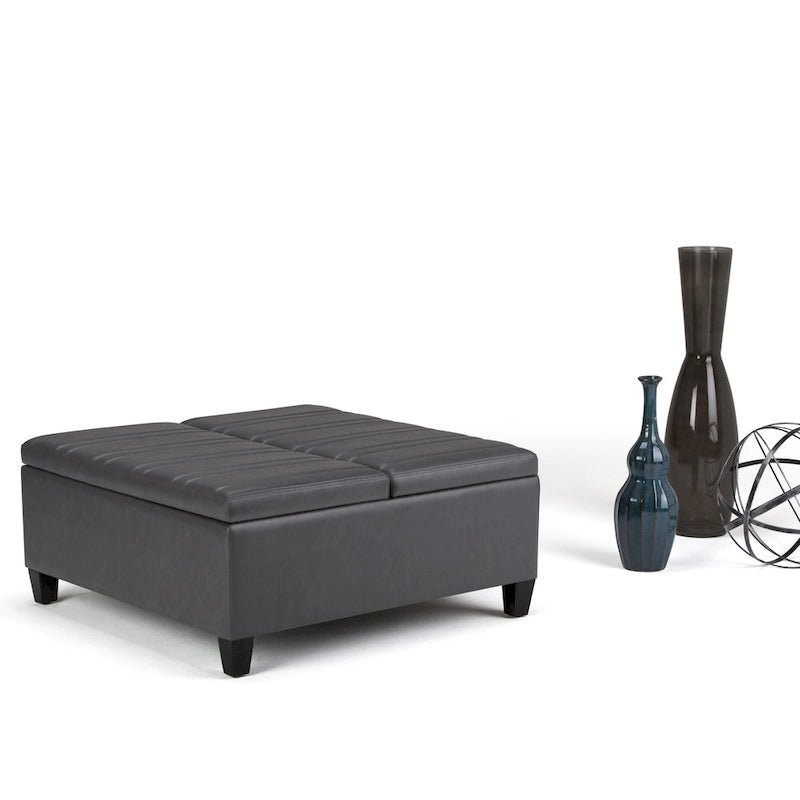Square Storage Ottoman Coffee Table Faux Leather Lift Top Tufted