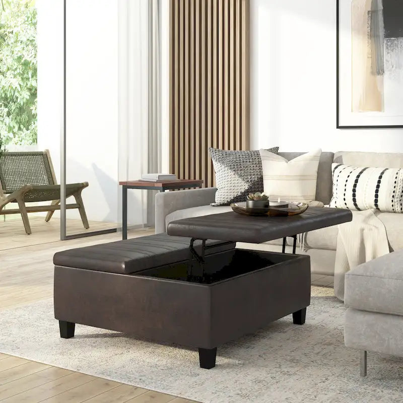Square Storage Ottoman Coffee Table Faux Leather Lift Top Tufted