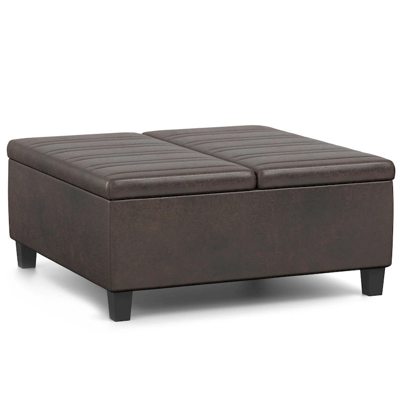 Square Storage Ottoman Coffee Table Faux Leather Lift Top Tufted