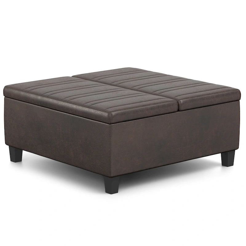 Square Storage Ottoman Coffee Table Faux Leather Lift Top Tufted
