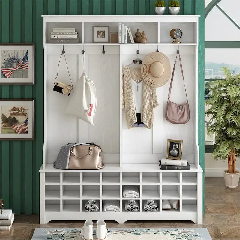 Entryway Hall Tree with Hooks, Open Shelves and 24 Shoe Cubbies, White & Black
