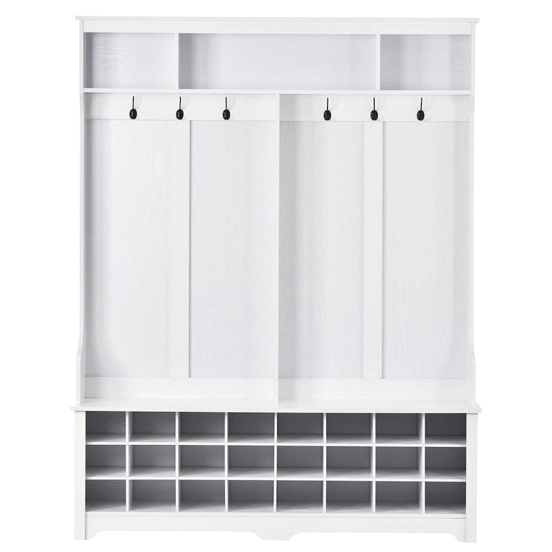 Entryway Hall Tree with Hooks, Open Shelves and 24 Shoe Cubbies, White & Black